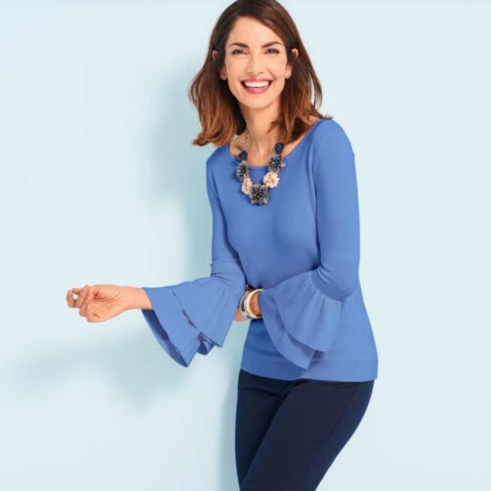 Blue Wide Neck Double Bell Sleeve Size Small - Picture 2 of 5